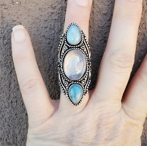 New Rose Quartz & Larimar 925 Silver Statement Ring. - Picture 9 of 15